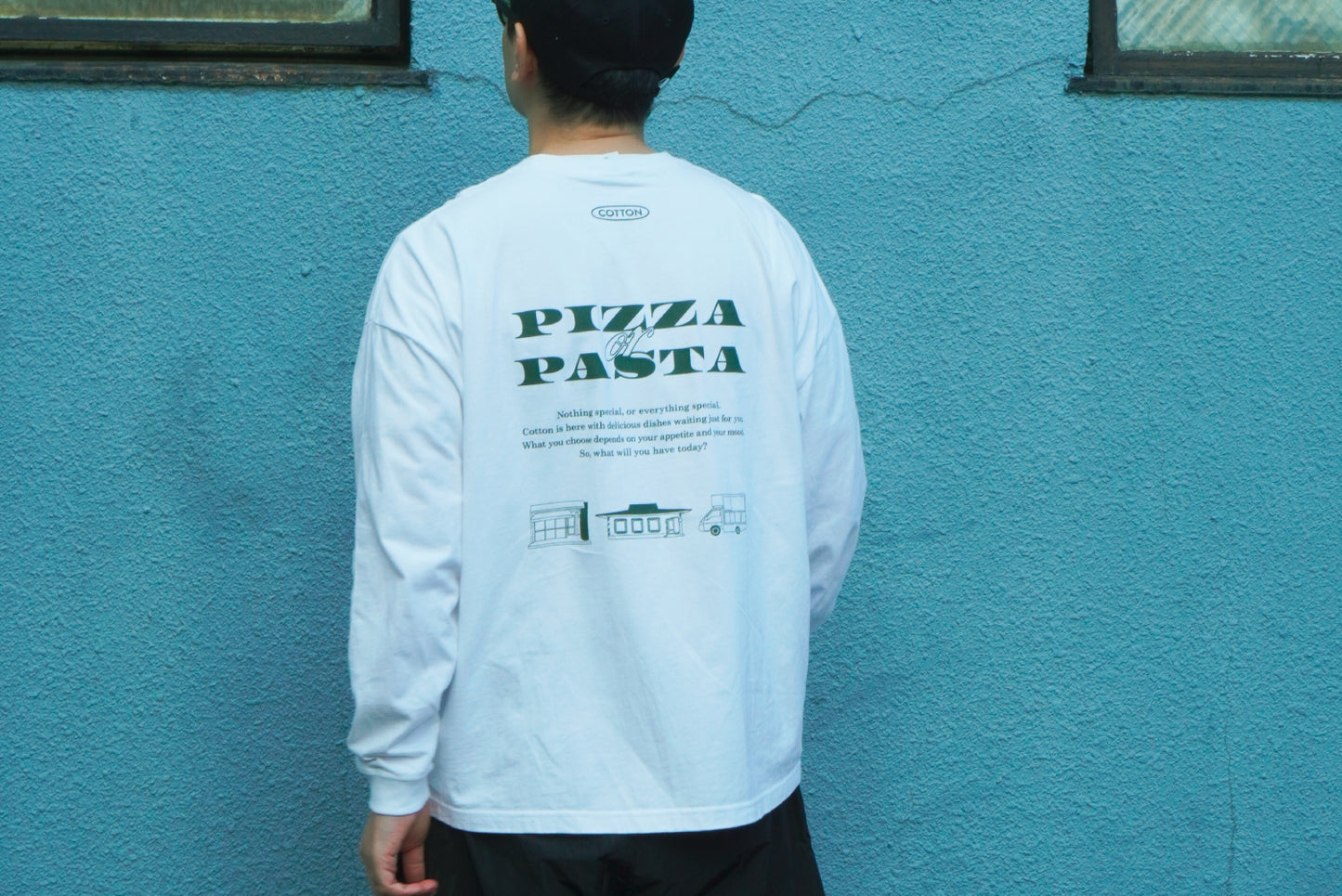 PIZZERIA COTTON Long Sleeve T-shirt（White）