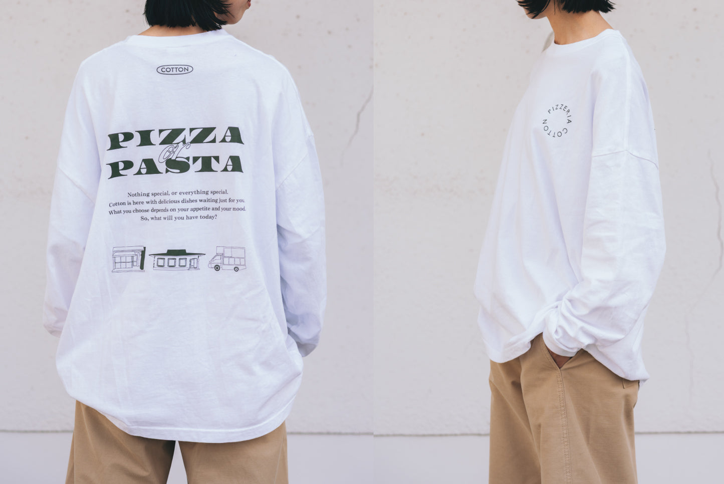 PIZZERIA COTTON Long Sleeve T-shirt（White）