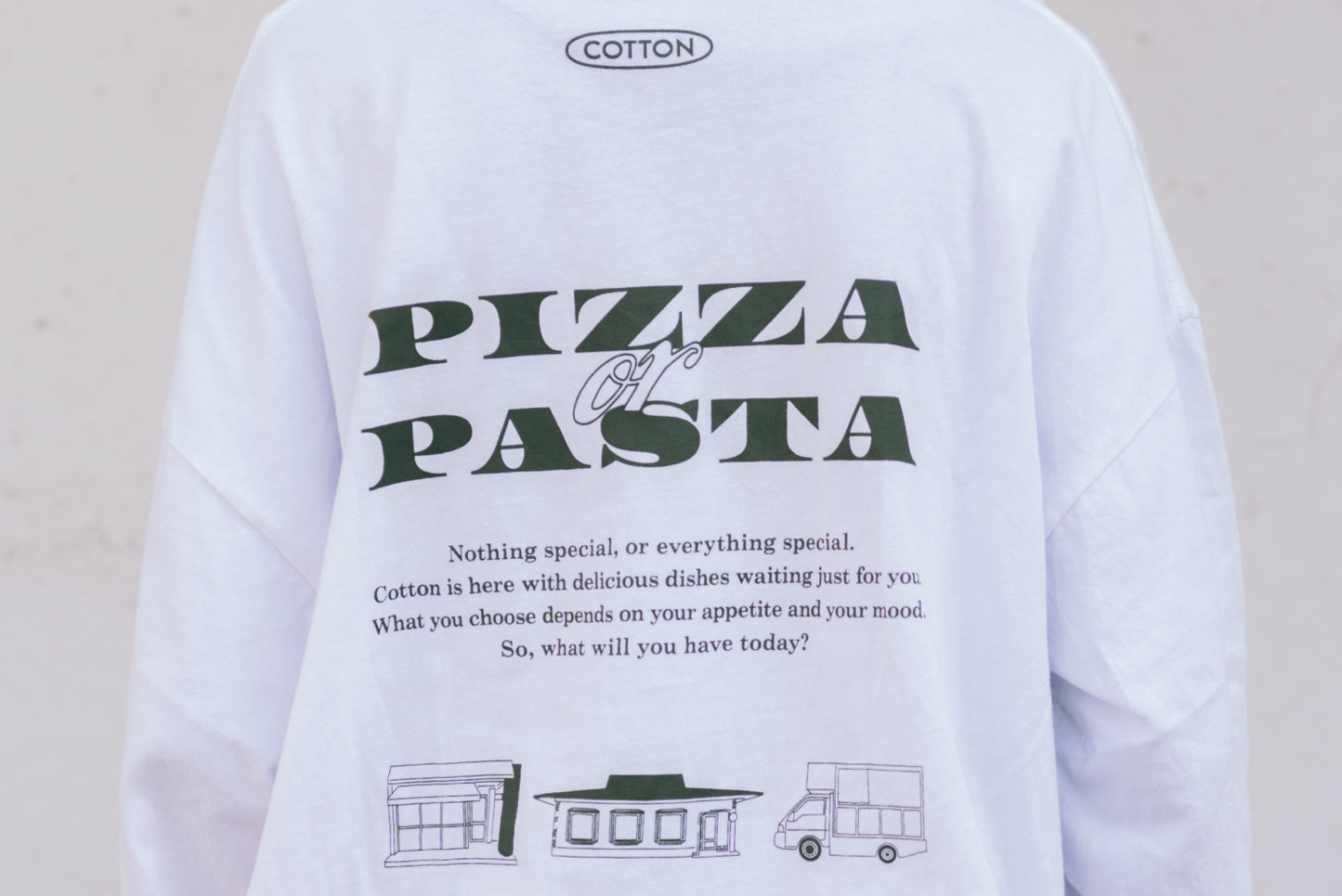 PIZZERIA COTTON Long Sleeve T-shirt（White）